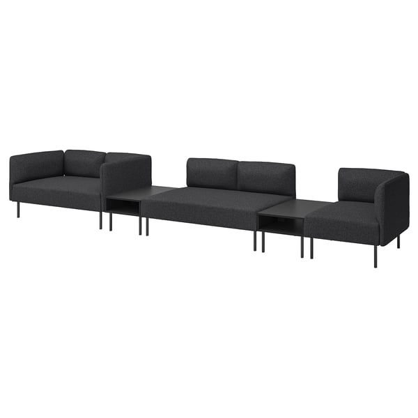 Modern black modular sofa set with three sections, metal legs, and minimalist design.