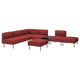 Red modular sofa set with corner and straight sections, two ottomans, and side table. Versatile.