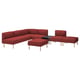 Red modular sofa set with wood legs and dark coffee table. Modern, clean design.