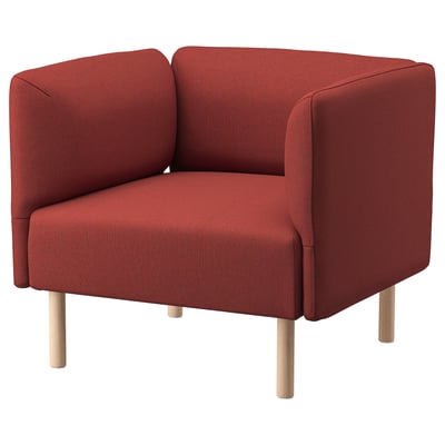 Red LILLEHEM armchair, wooden legs, boxy design.