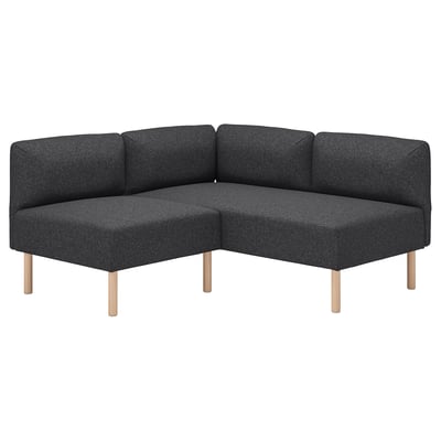 Modern dark grey corner sectional sofa with wooden legs.