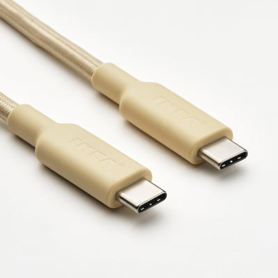 LILLHULT usb-c cable, beige, 3m. Braided, flexible, with rubber connectors. Includes elastic band for storage.