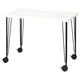 LINNMON white desk, modern, four black caster legs, adjustable, minimalist design.