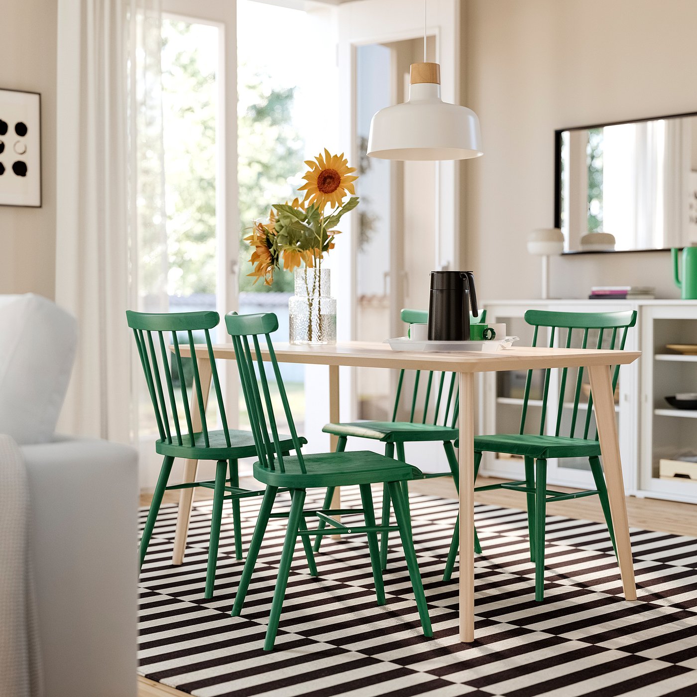LISABO / HÖGVED table and 4 chairs, ash veneer/green, 140x78 cm