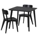 Black LISABO dining set with rectangular table and 2 chairs, minimalist design with solid wood legs and stylish backrest.