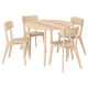A natural wood dining set named LISABO with a round table and four matching chairs. The light beige hue complements its minimalist style.