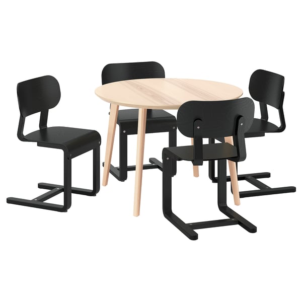 LISABO black table set: round, light wood top, dark chairs, cantilever design.