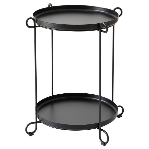 Black LIVELYCKE side table with two round trays, supported by a metal frame with loop handles, perfect for serving and storage.