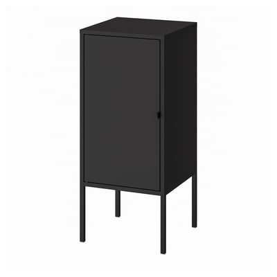 Black LIXHULT cabinet, single door, thin metal legs, durable epoxy/polyester finish.