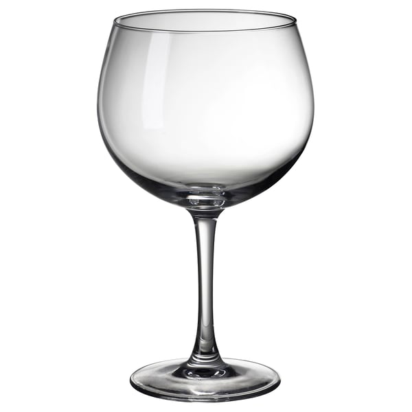 A clear glass wine glass named LJUSKRAFTIG with a long stem and wide bowl.