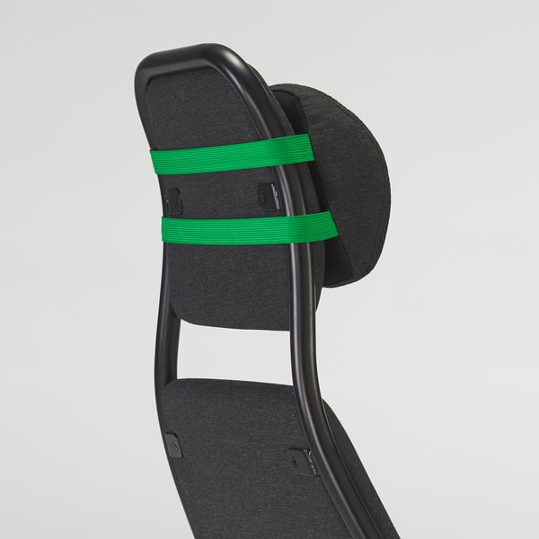 Gaming chair with adjustable headrest, black mesh back, green elastic bands for support.