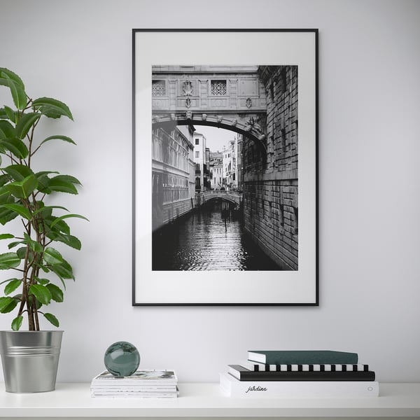 Frame displays black-and-white arched bridge over canal. Plant and books sit beneath, creating cosy decor.