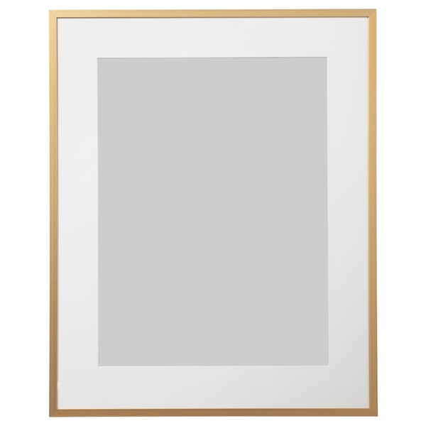 Gold LOMVIKEN photo frame with white mat, square shape, sleek design.