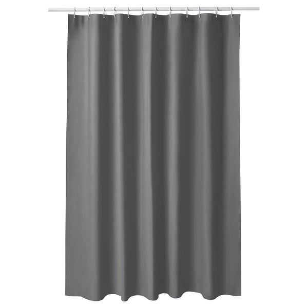 Grey shower curtain, LUDDHAGTORN brand, made of eva plastic, simple design, hangs straight.