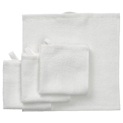 A white LUDDVIAL towel set. Made of 100% cotton, it multiple sizes for versatile use. The towels are lightweight, quick-drying, and soft.