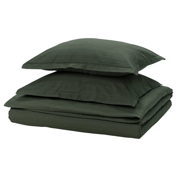 LUKTVICKER Duvet cover and 2 pillowcases, dark green, 240x220/50x60 cm