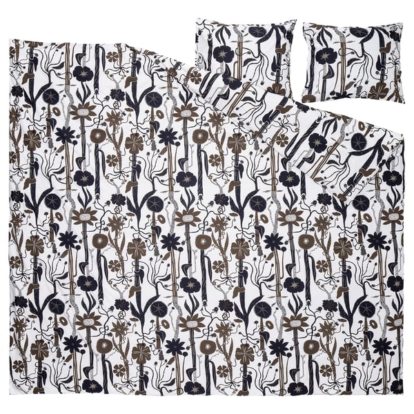 LUNDSKAFTING duvet set, white with black floral patterns. Leaf and stem designs, durable cotton/lyocell blend.
