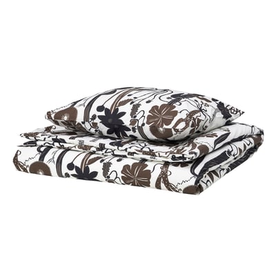 LUNDSKAFTING duvet set, white with brown floral, crisp cotton blend, rectangular with twisted botanical design.