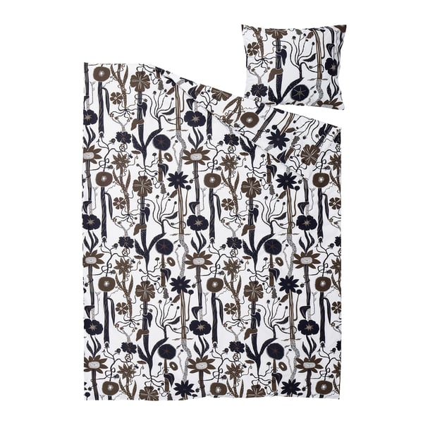 LUNDSKAFTING duvet set, white with dark floral pattern, striped botanical design, square shape, cotton/lyocell blend.