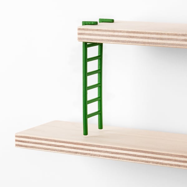 Modern wall shelf with adjustable compartments and green plastic ladder, made of birch plywood.
