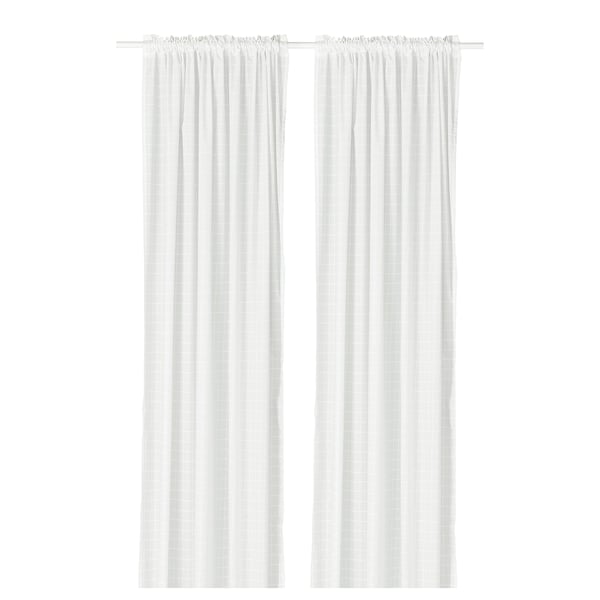 MÄSTERROT white curtains with subtle grid pattern, hanging straight, made from recycled polyester.