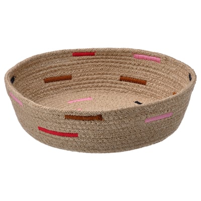 MÄVINN jute basket, beige with red/pink accents, round, hand-embroidered.