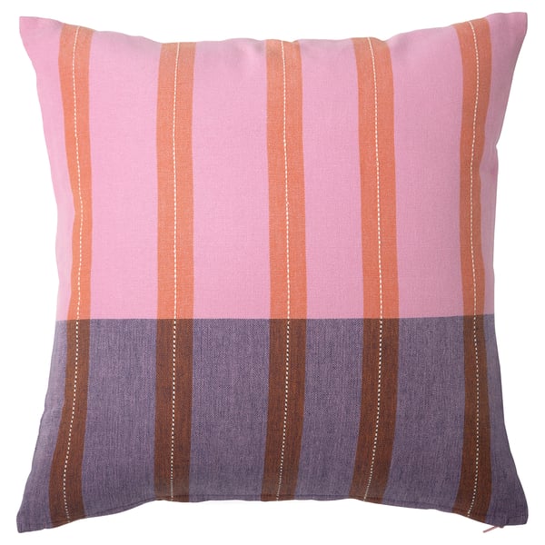 A rectangular MÄVINN cushion cover in pink and orange stripes with a blue bottom, handwoven from cotton.