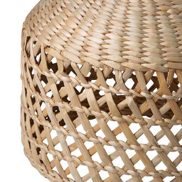 Handwoven, natural fibre lampshade, intricate weave pattern, soft textured surface.