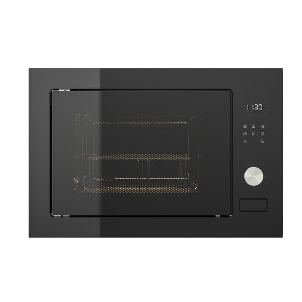 Black MÅGEBO microwave oven: sleek, handle-free design, digital display, metallic dial, and push-open door.