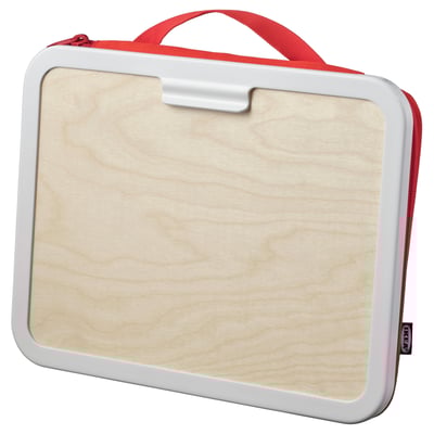 Red MÅLA art case with white frame, birch plywood, holds art supplies, lightweight, sturdy handle, non-toxic.