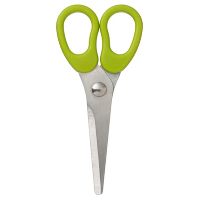 A pair of green-handled, silver-bladed, left-handed scissors designed for children.