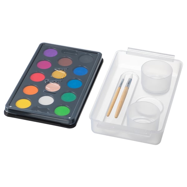 MÅLA art set with 12 colours, brushes, and containers in rectangular metal box.