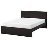 Modern black bed with high headboard and clean design, made of ash veneer and fiberboard, suitable for various mattresses.