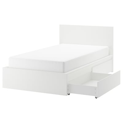 White MALM bed with one open storage drawer, sleek modern design.