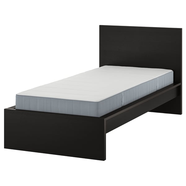 Black MALM bed with white mattress, sleek design, high headboard.