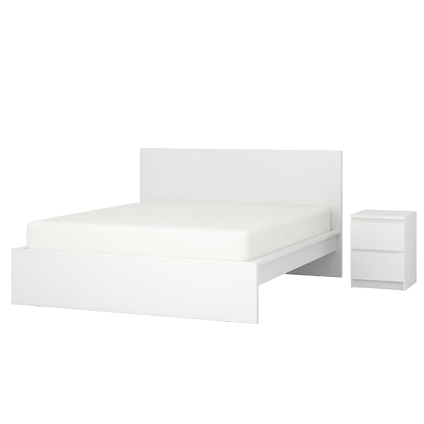 MALM white bed and bedside table. Minimalist design with high headboard, modern lines, pure white.