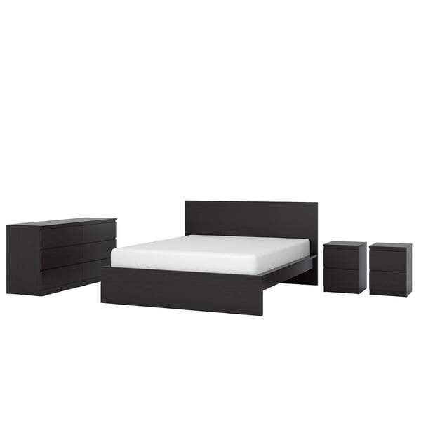A black MALM bedroom furniture set featuring a bed, two small bedside tables, and one wide chest of drawers with clean, modern lines.