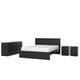 Modern black bedroom set with bed, chest, and nightstands featuring clean lines and simple design.