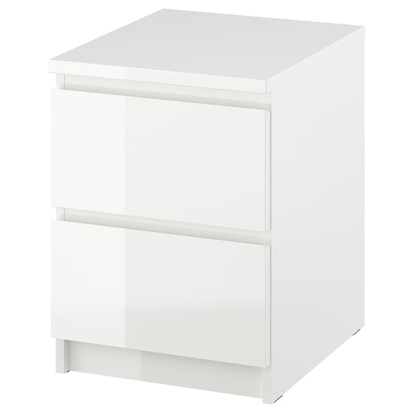 MALM white bedside table, gloss finish, 3 drawers, sleek design.