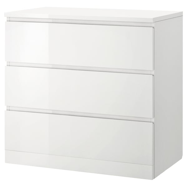 MALM white 3-drawer dresser, modern sleek design, smooth drawers, wall-anchored.