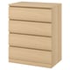 An IKEA MALM light oak wooden chest of drawers with four smooth-running drawers, designed to be anchored to the wall for safety.