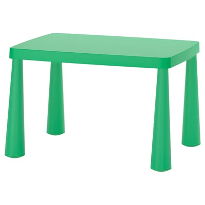 Bright green childs table, square top, four tapered legs, lightweight plastic, great for indoor/outdoor use.
