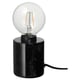 This image a lightweight, elegantly designed MARKFROST lamp with a black marble base and a spherical led light bulb emitting a warm glow.
