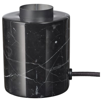 Black marble table lamp base, cylindrical shape, with white veins, featuring a metallic top.