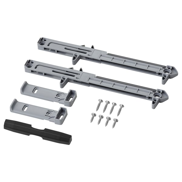 MARKHUS grey drawer closing devices with screws and plastic parts, arranged neatly for installation.
