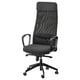 MARKUS office chair: black mesh back, fabric seat, armrests, adjustable tilt, five wheels.