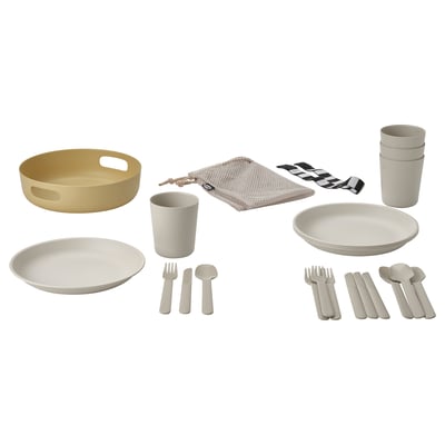 Picnic set: 4 plates, cups, cutlery in beige. Mesh bag included.
