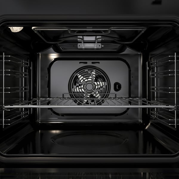 Oven with convection fan, five racks, and safety lock.