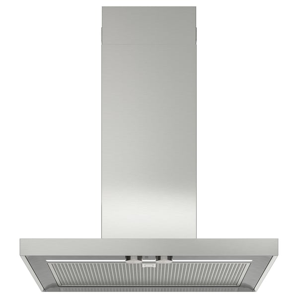 Modern stainless steel kitchen hood; sleek, rectangular design with led lighting.