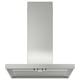 Modern stainless steel kitchen hood; sleek, rectangular design with led lighting.